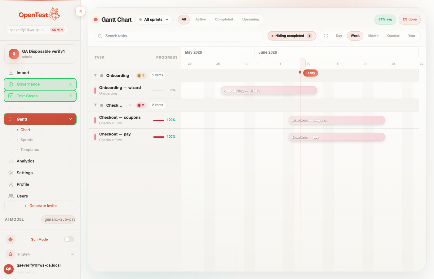 Gantt sidebar showing group headers with red and amber risk pills, and a hover Ask-AI chip on a group row