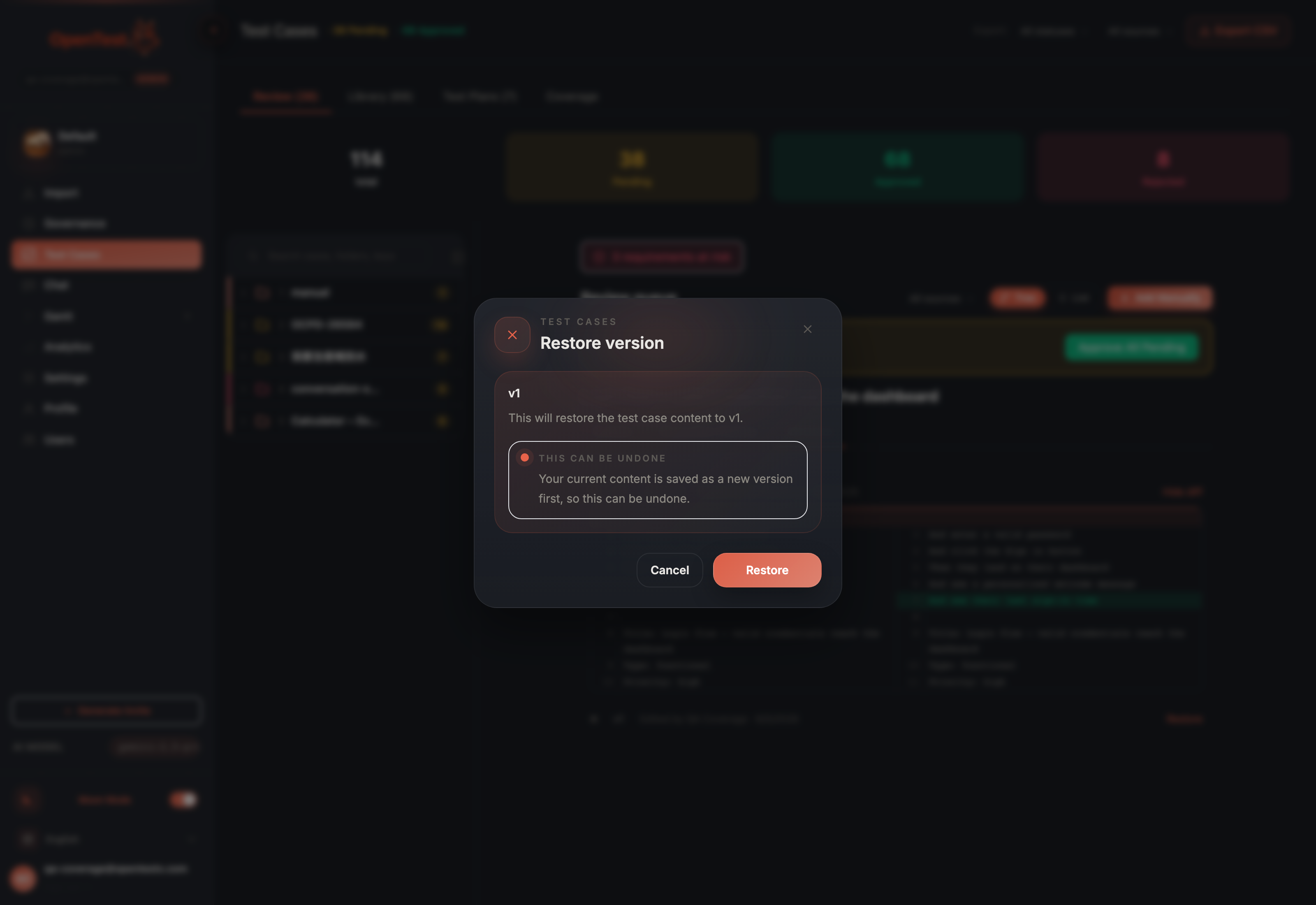 A restore confirmation dialog warning that restoring will overwrite the current scenario, in dark mode