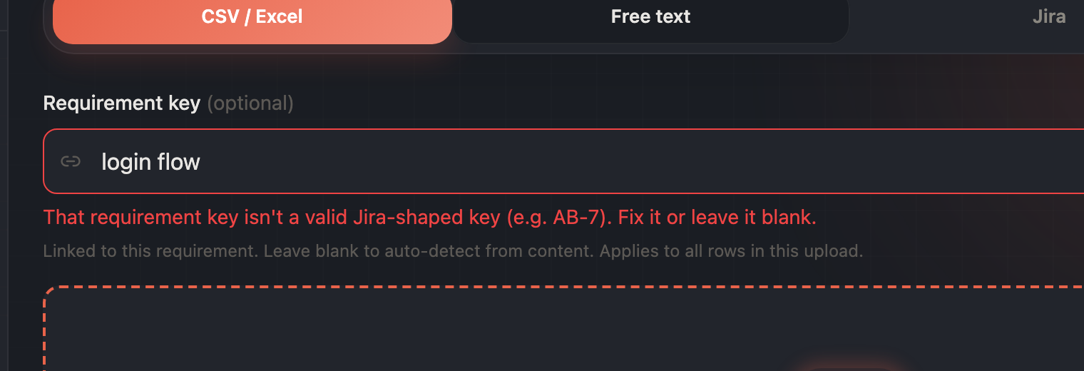 OpenTestX free-text import panel with a Requirement key field showing an inline validation error for the invalid value "login flow".