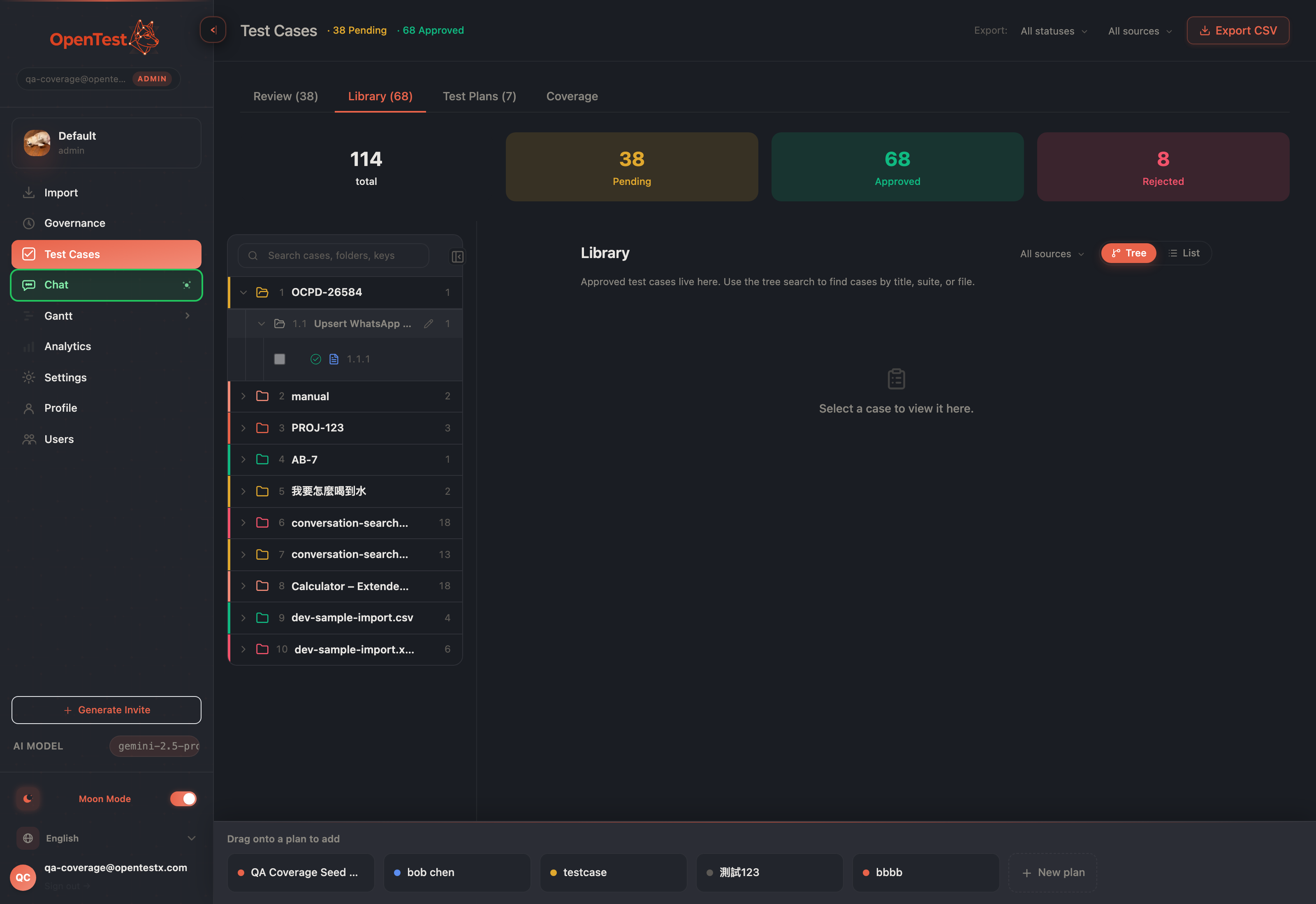 A drop strip docked along the bottom of the screen showing eligible test plans as drop targets while a case is being dragged, in dark mode