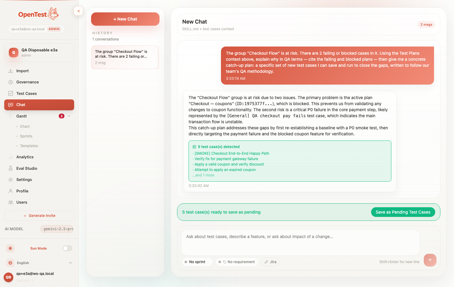 Chat showing a generated catch-up plan with a SKILL-shaped case marked SMOKE, a Save as Pending bar, and the at-risk nav badge all visible in one frame
