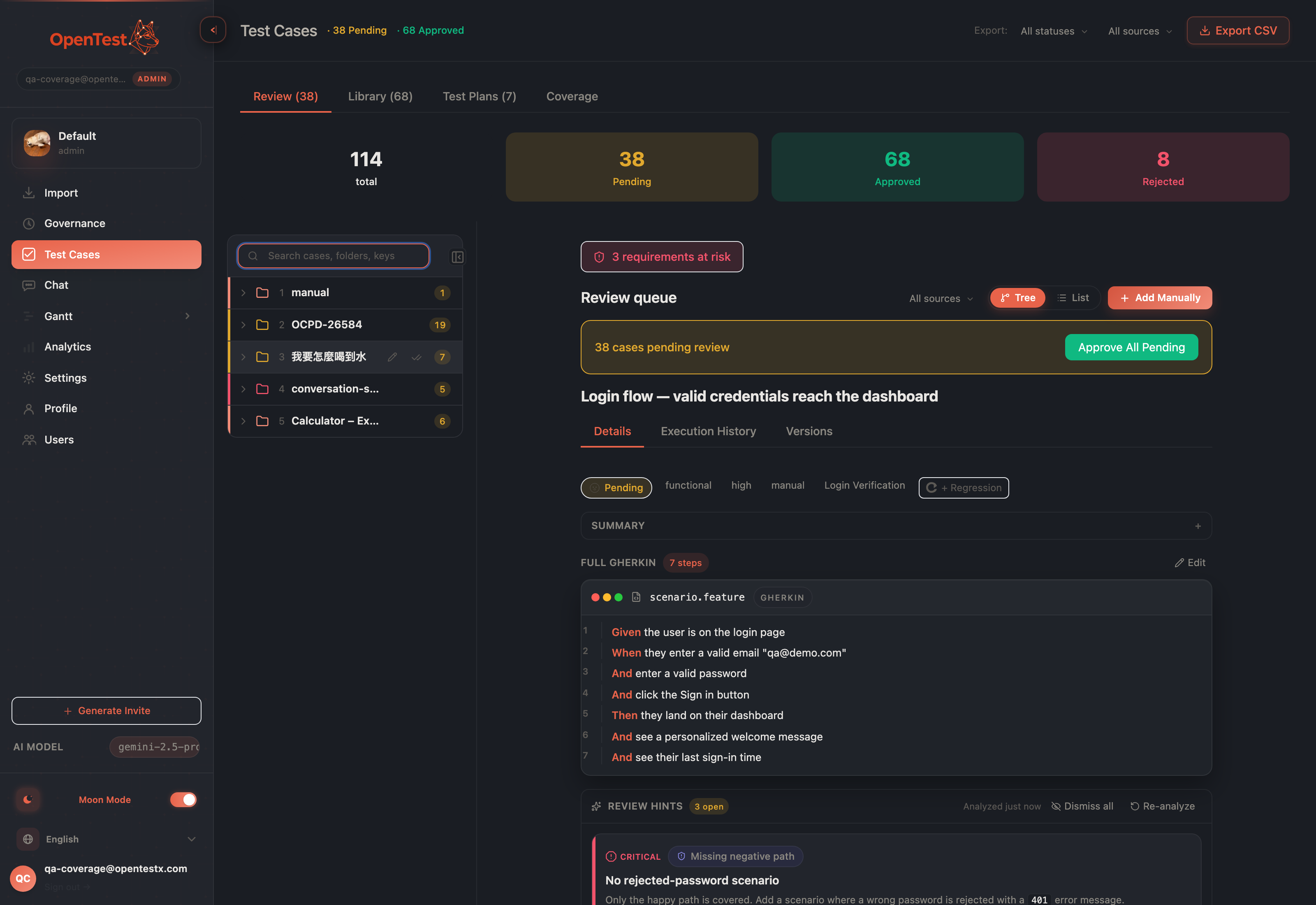 The numbered, syntax-highlighted Gherkin editor in dark mode, showing a multi-step scenario with Given, And, When, Then keywords each on its own numbered line.