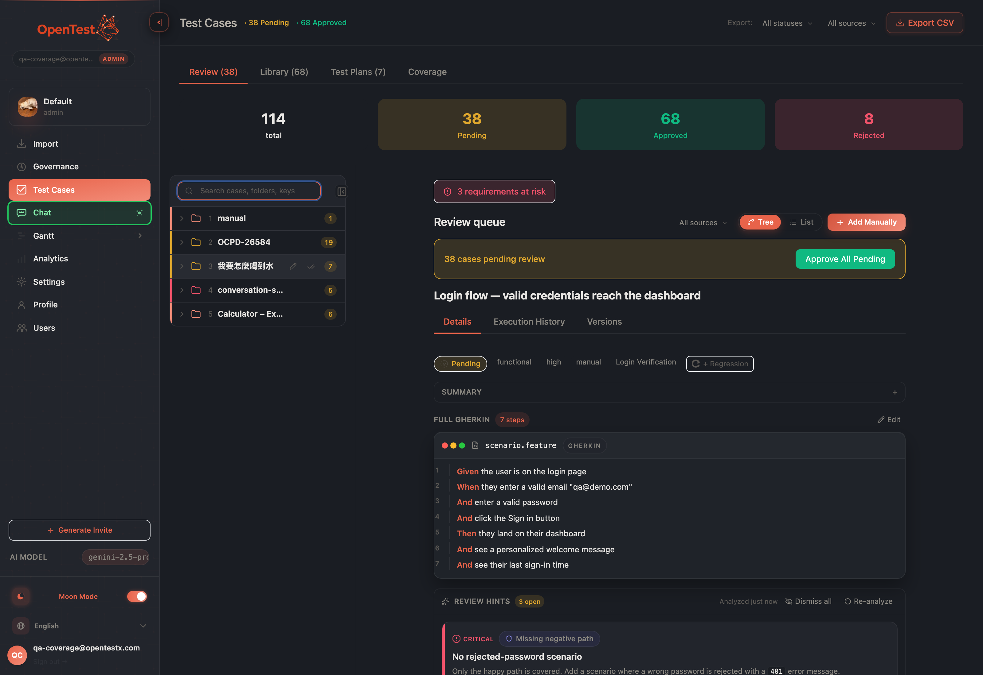 The three-zone test case review workspace in dark mode: a resizable folder tree on the left, a master list of cases in the middle, and the full case detail in the center pane.