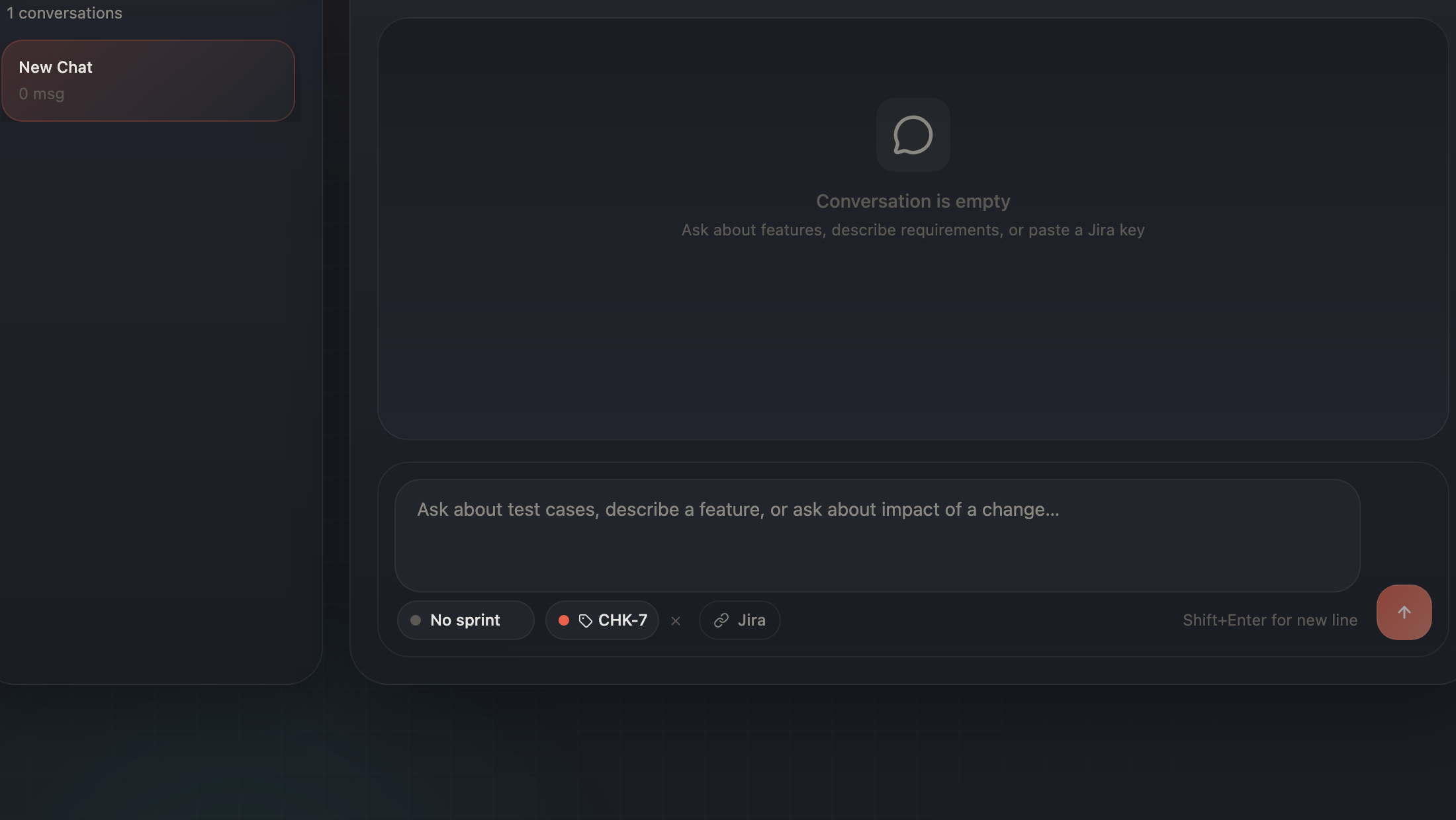 OpenTestX chat composer with the CHK-7 requirement key pinned as a pill, ready to generate tests for that gap.