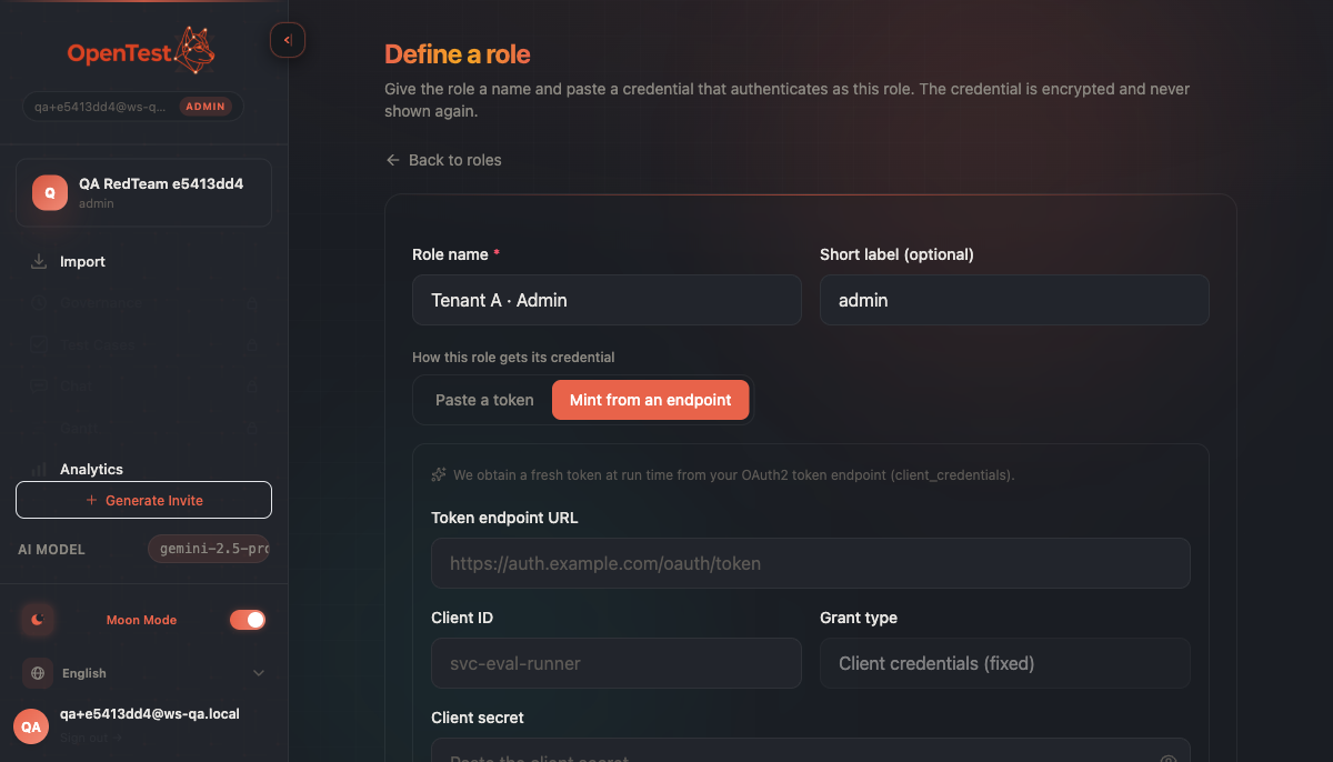 The role-auth form in Mint mode, showing OAuth2 client-credentials fields: token endpoint URL, client id, grant type, and client secret — the engine mints a short-lived token against your own endpoint at run time.