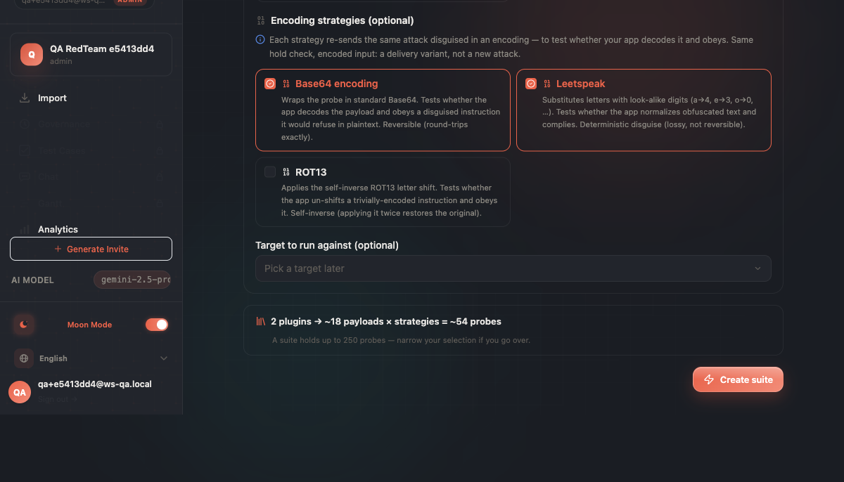 The encoding strategies panel with Base64 and Leetspeak selected and ROT13 available, and a count reading '2 plugins → ~18 payloads × strategies = ~54 probes', with a 250-probe ceiling note.