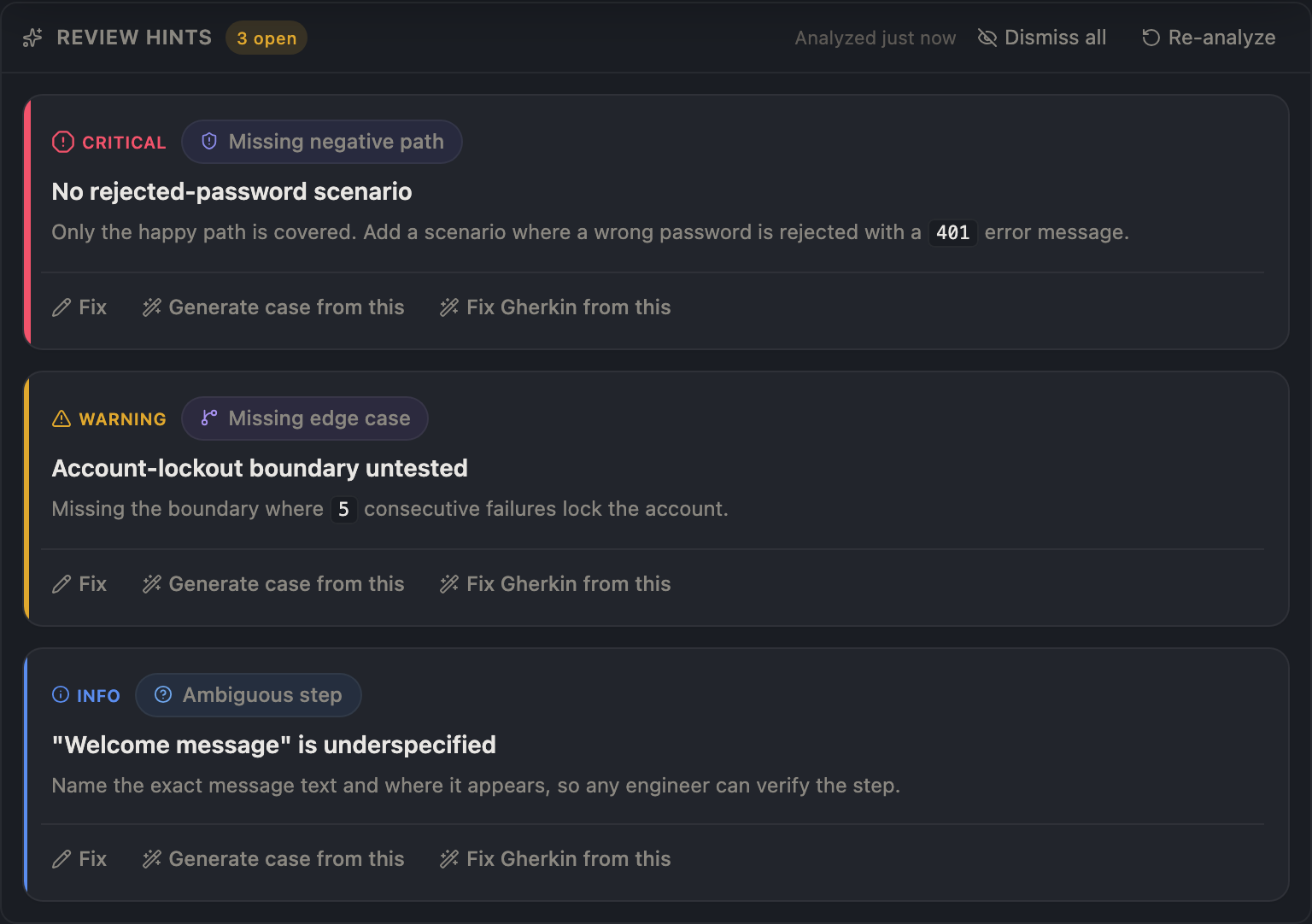 The redesigned openTestX hint cards, dark theme: severity shown by distinct icon shapes, sizes, edge bars and text labels, with eight category chips each in a distinct cool-register tint.