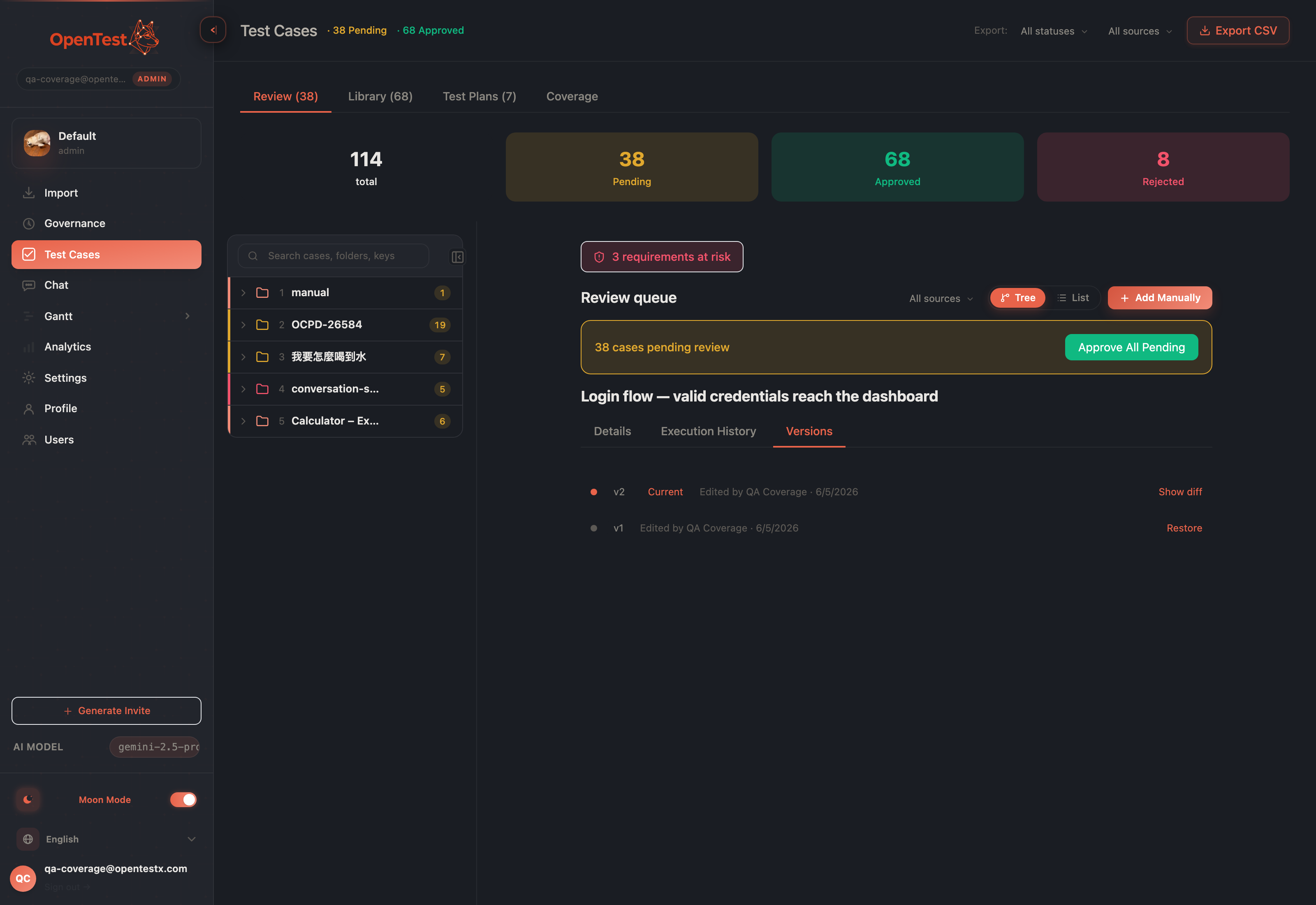 The Version history tab inside the test case detail pane, listing numbered versions with editors and timestamps in dark mode