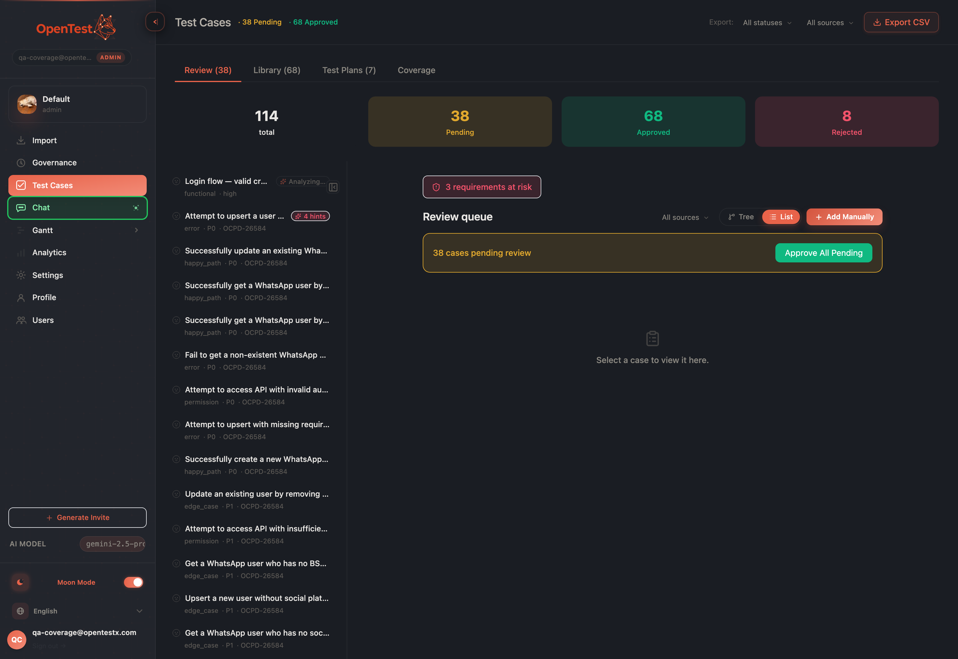 A quiet analyzing pill on a test case in the list while its AI review runs in the background