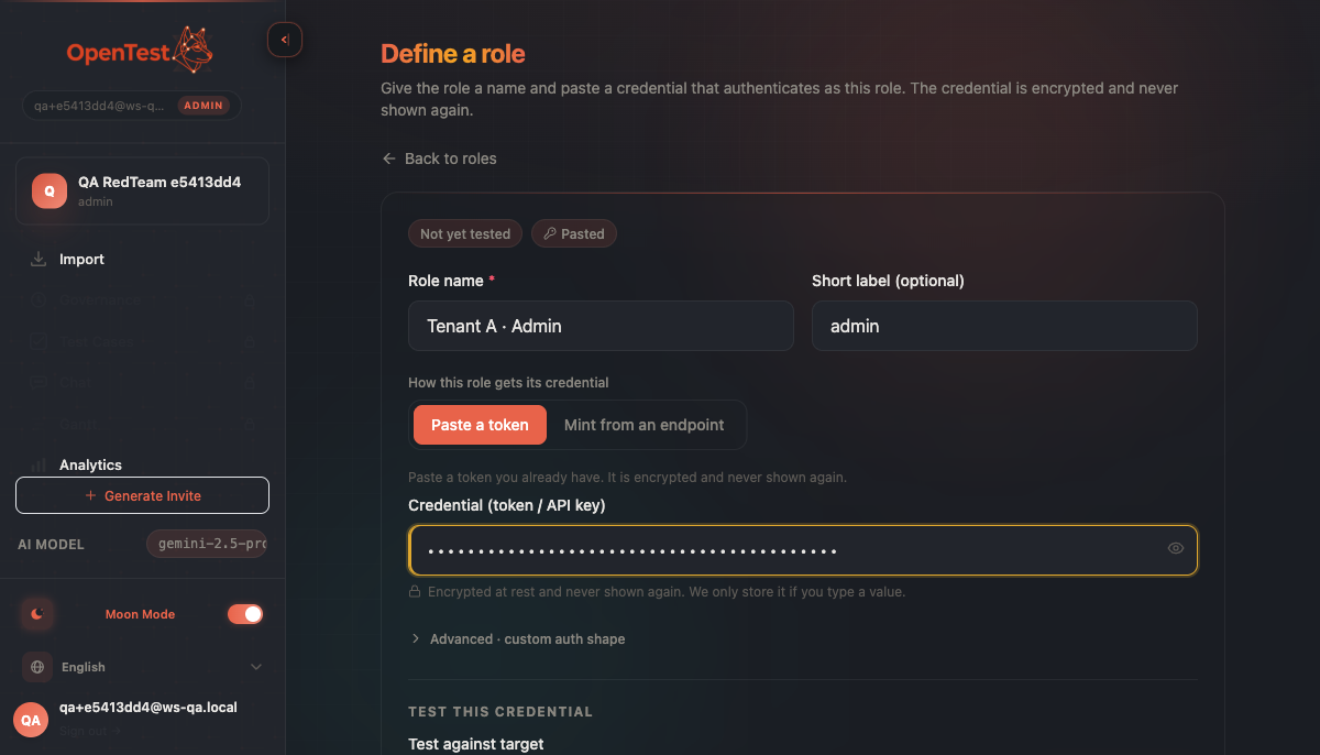 The role-auth form with a 'Paste a token | Mint from an endpoint' toggle (Paste selected), showing a masked, revocable credential field labelled 'encrypted & never shown again'.