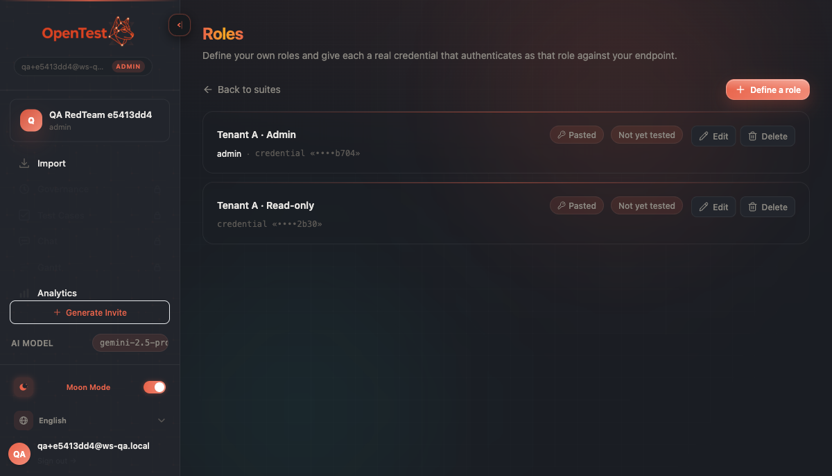 The workspace role library listing two sibling roles — 'Tenant A · Admin' and 'Tenant A · Read-only' — each with a pasted, masked credential and reusable across evaluation suites.