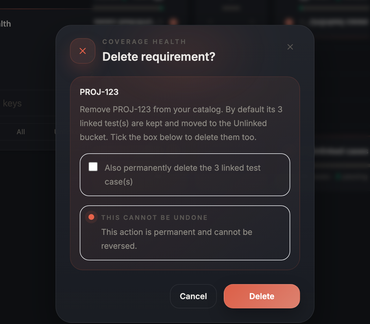 Delete-requirement confirmation dialog for PROJ-123, with an unchecked opt-in to also permanently delete its 3 linked tests.