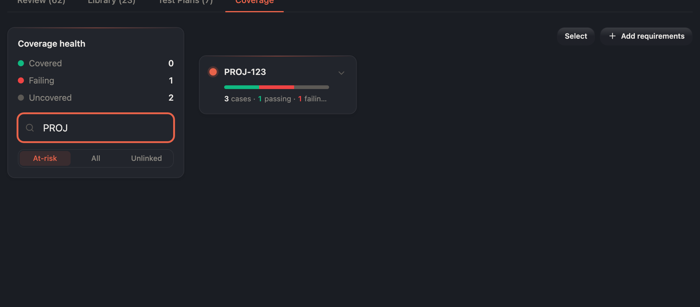OpenTestX Coverage view filtered by the search term "ab", showing matching Uncovered cards each with a Generate tests button.