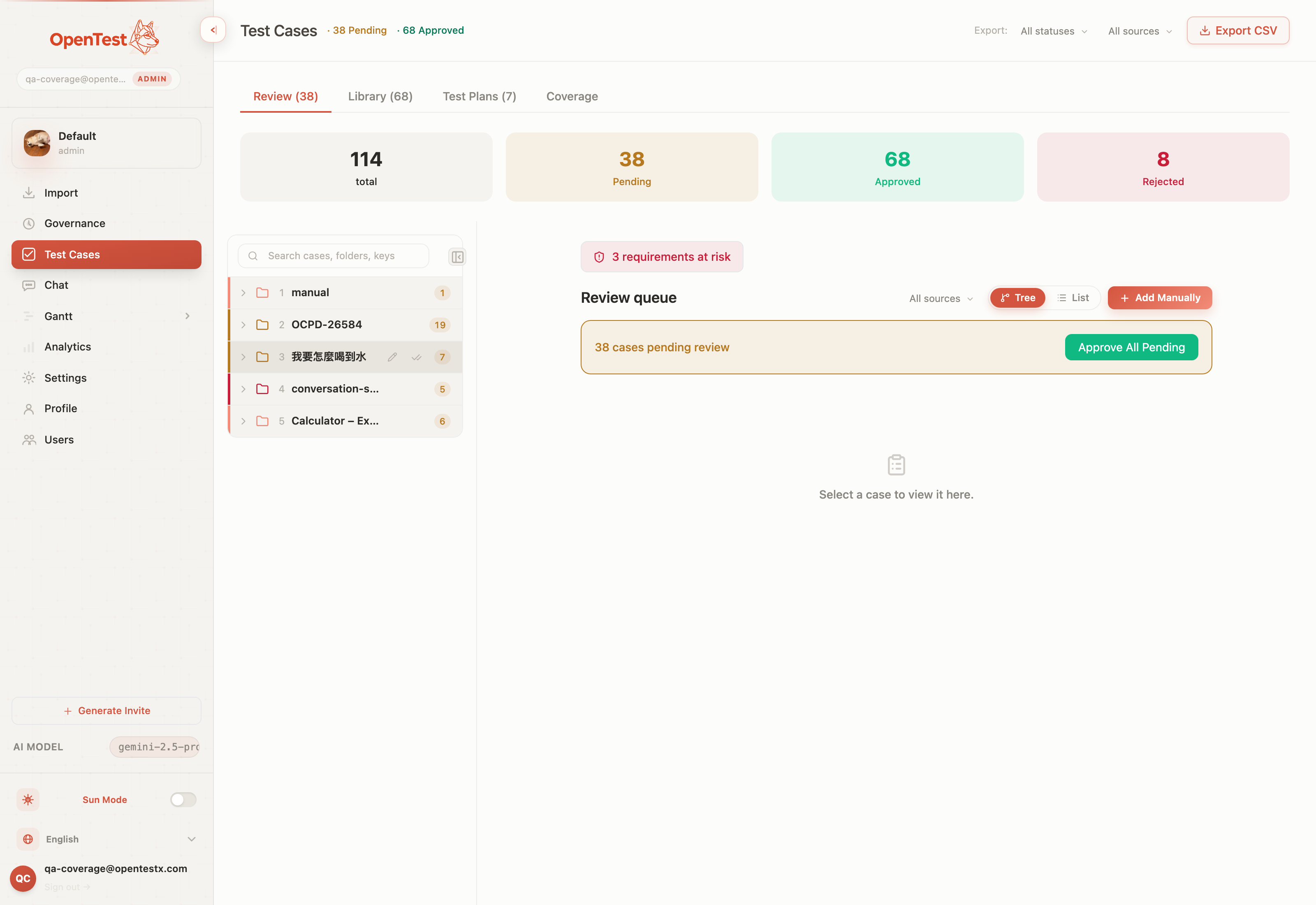The openTestX workspace at full page scale, light theme, showing the re-tuned semantic palette and cool category ramp working together across the interface.